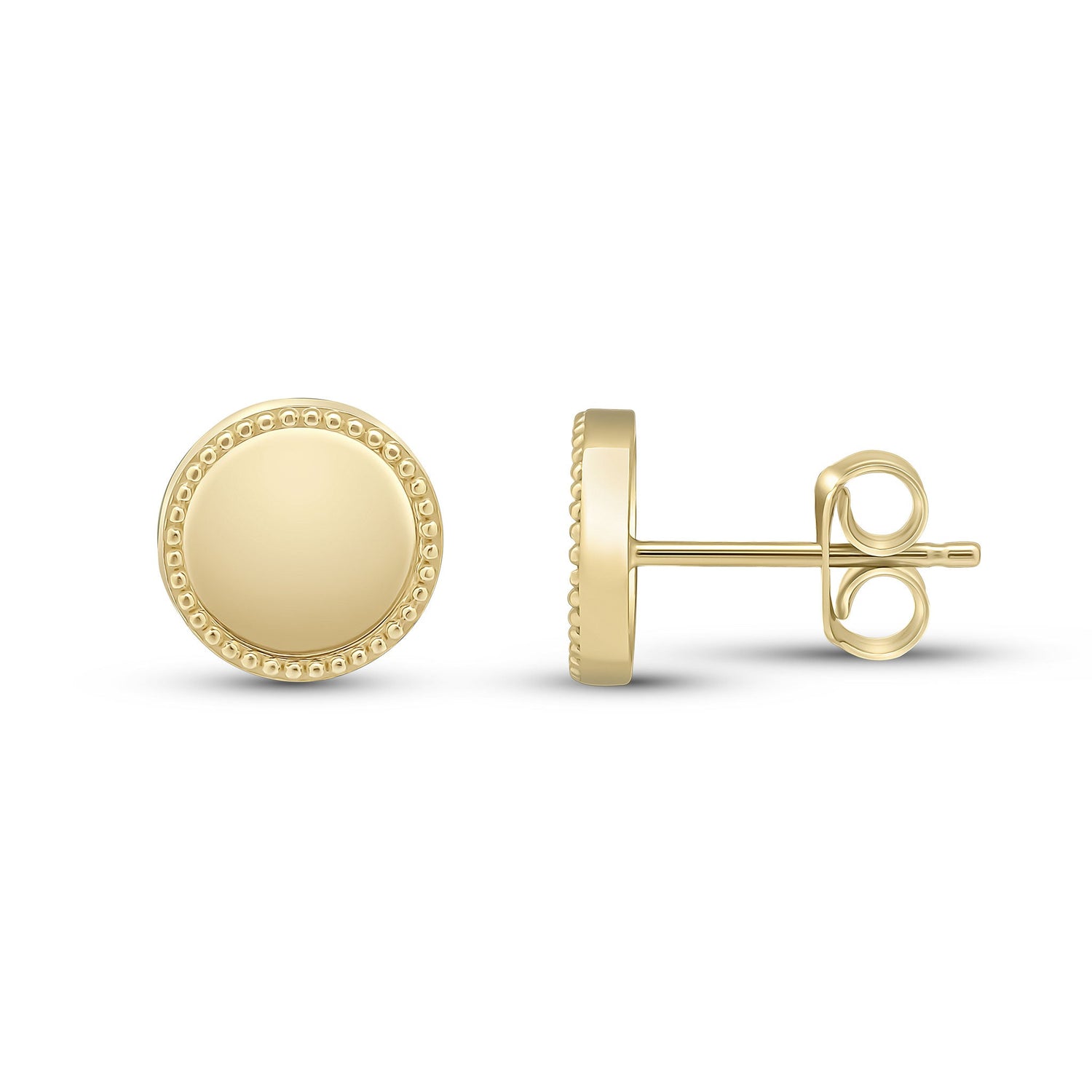 9ct Yellow Gold Beaded Edge Round Circle Stud Earrings -- 9mm