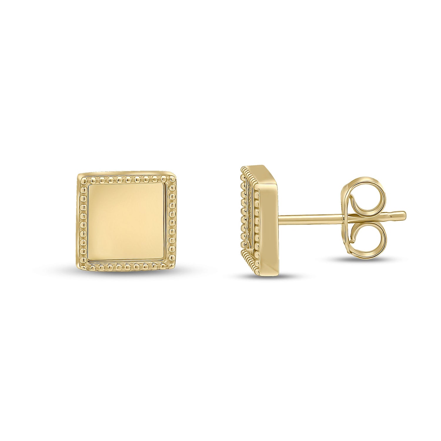 9ct Yellow Gold Beaded Edge Square Stud Earrings -- 8x8mm