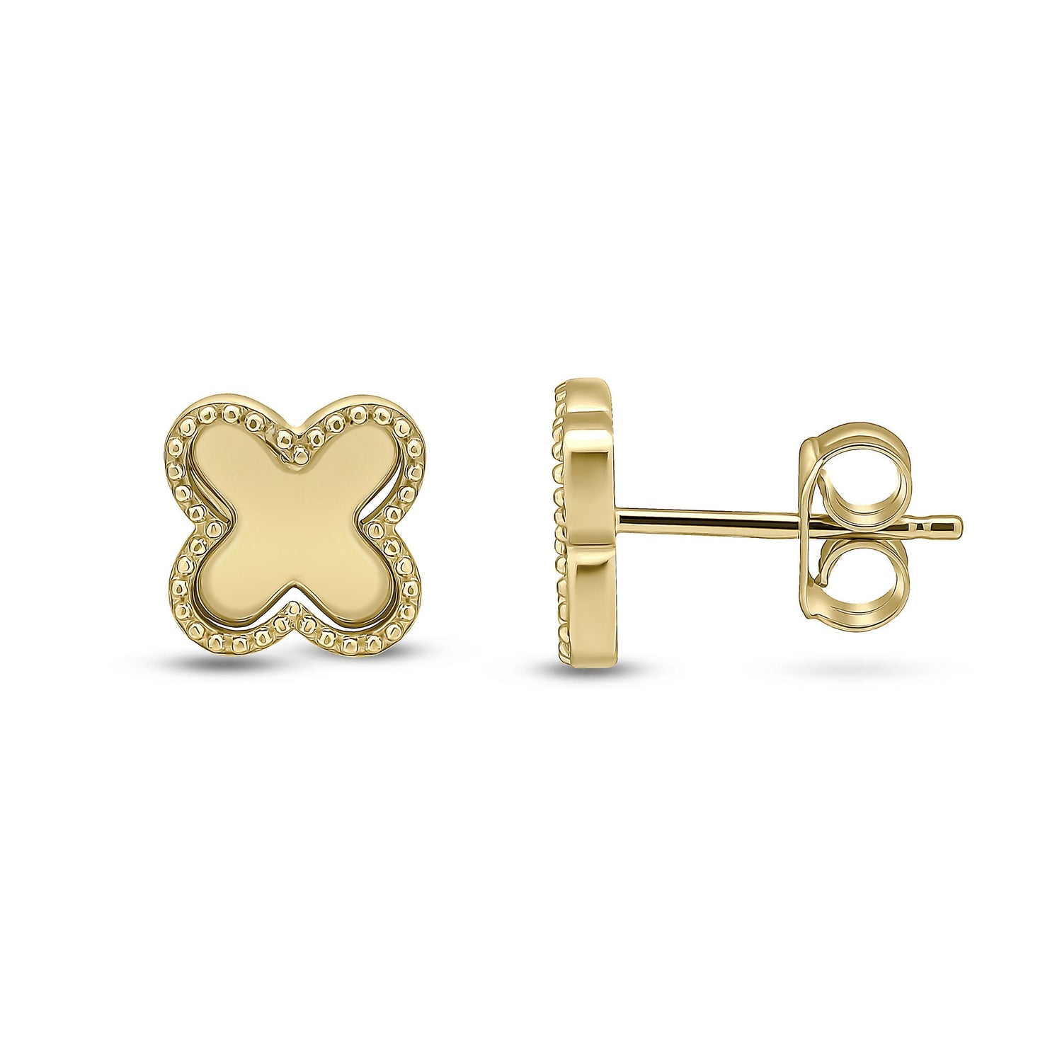 9ct Yellow Gold Beaded Edge Clover Stud Earrings -- 8mm