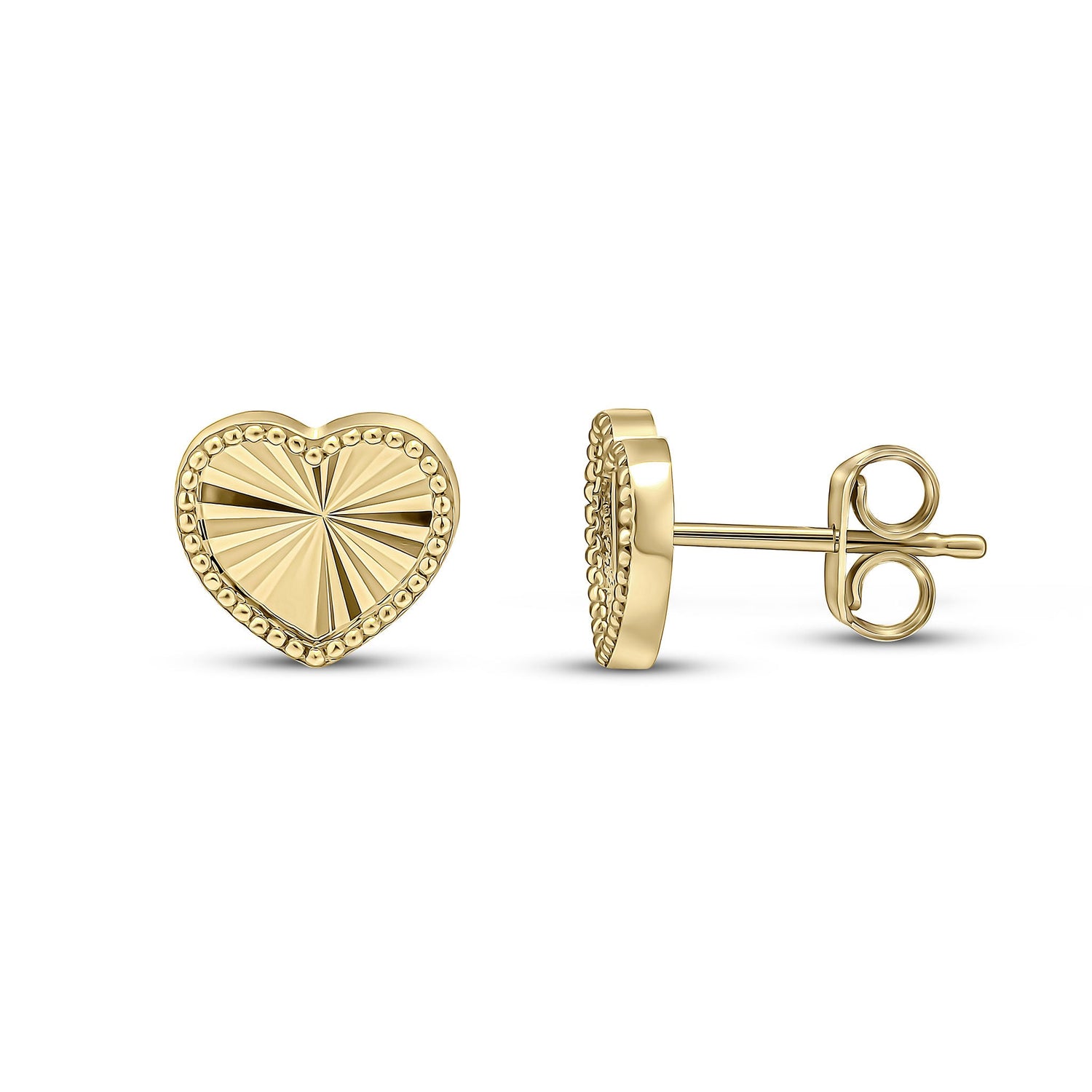 9ct Yellow Gold Diamond Cut Beaded Edge Heart Stud Earrings -- 9mm