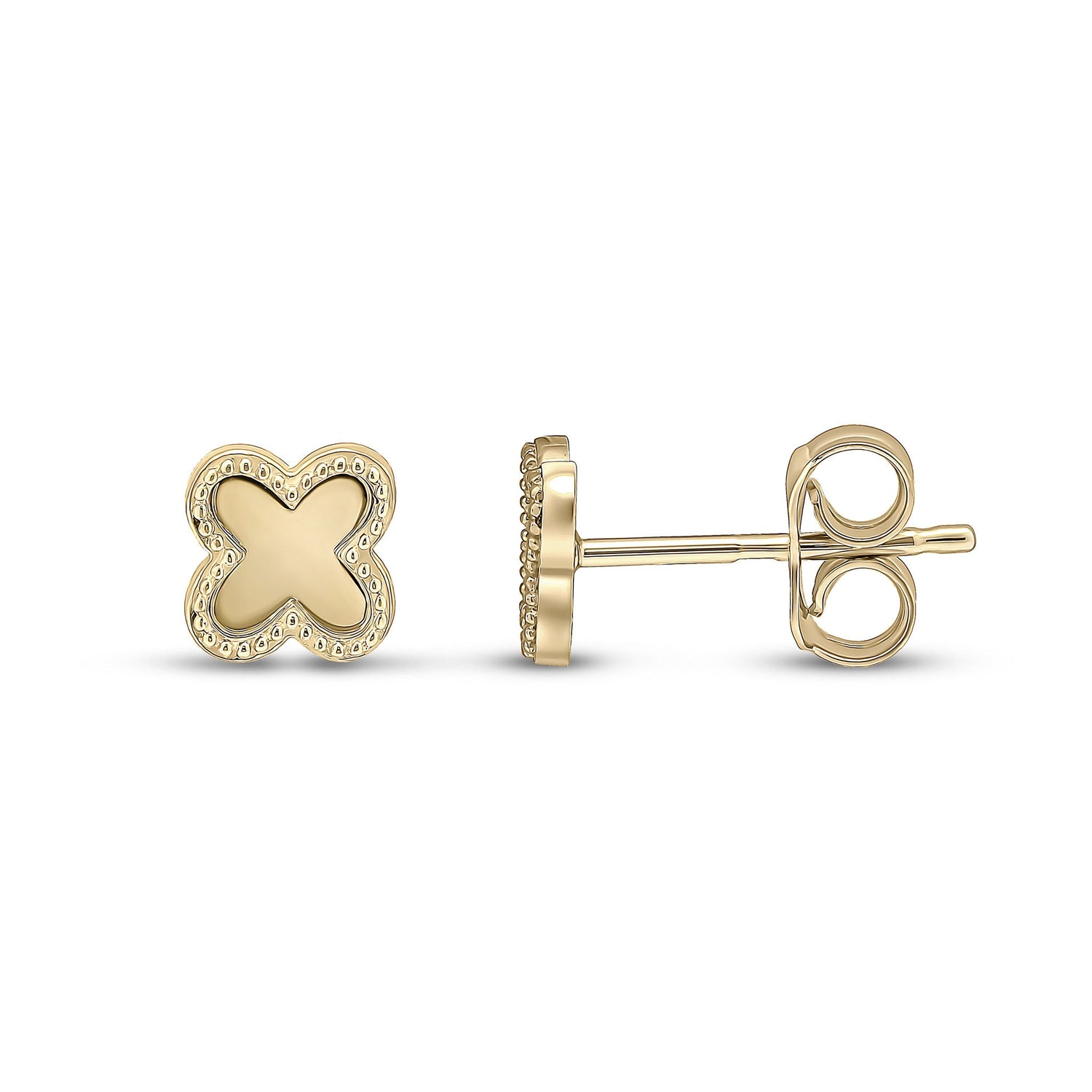 9ct Yellow Gold Beaded Edge Clover Stud Earrings -- 6mm