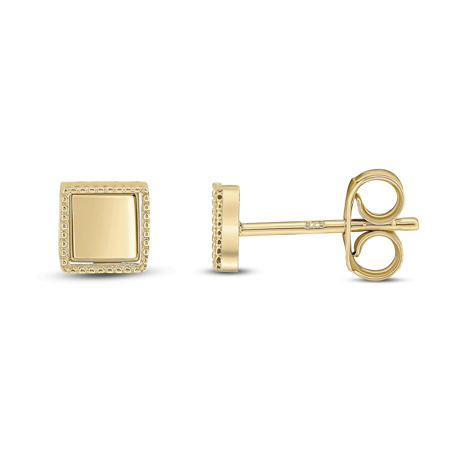 9ct Yellow Gold Beaded Edge Square Stud Earrings -- 5.5mm