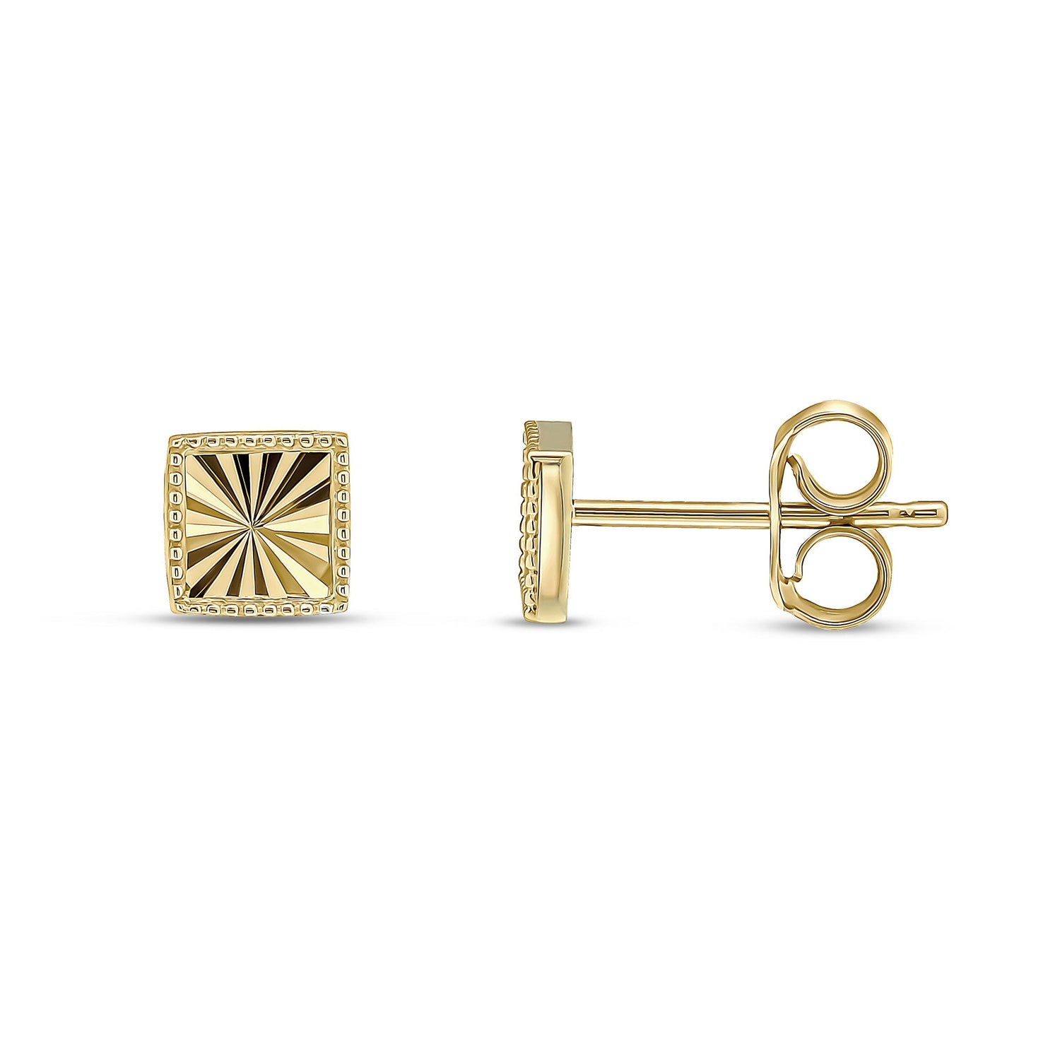 9ct Yellow Gold Diamond Cut Beaded Edge Square Stud Earrings -- 5.5mm