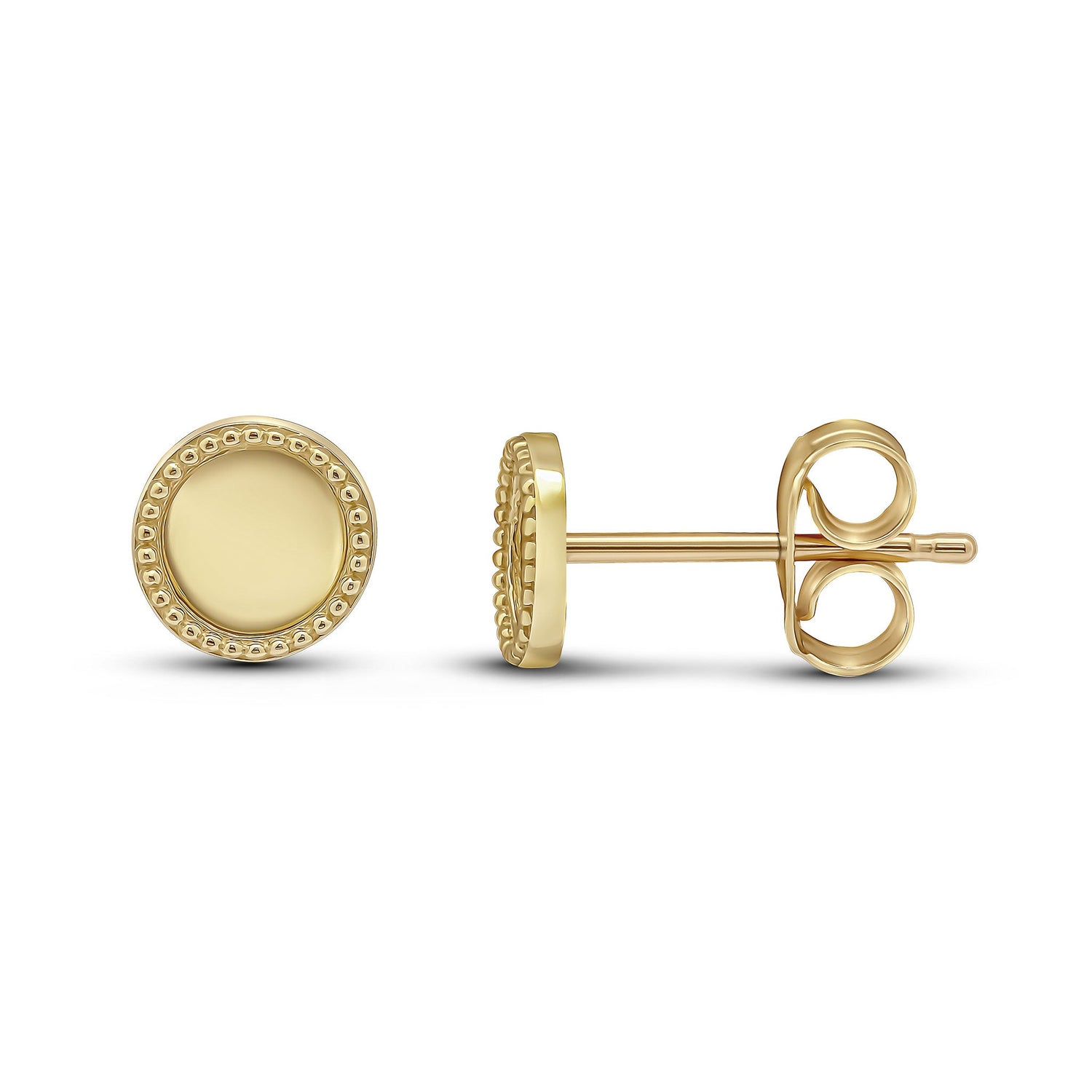 9ct Yellow Gold Beaded Edge Round Circle Stud Earrings -- 6.3mm