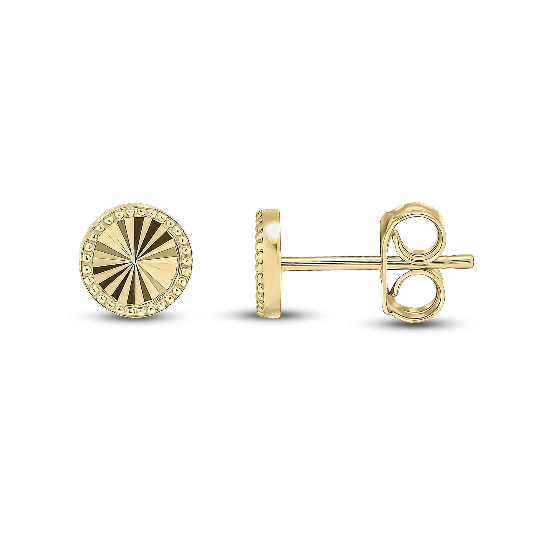 9ct Yellow Gold Diamond Cut Beaded Edge Circle Stud Earrings — 6.3mm