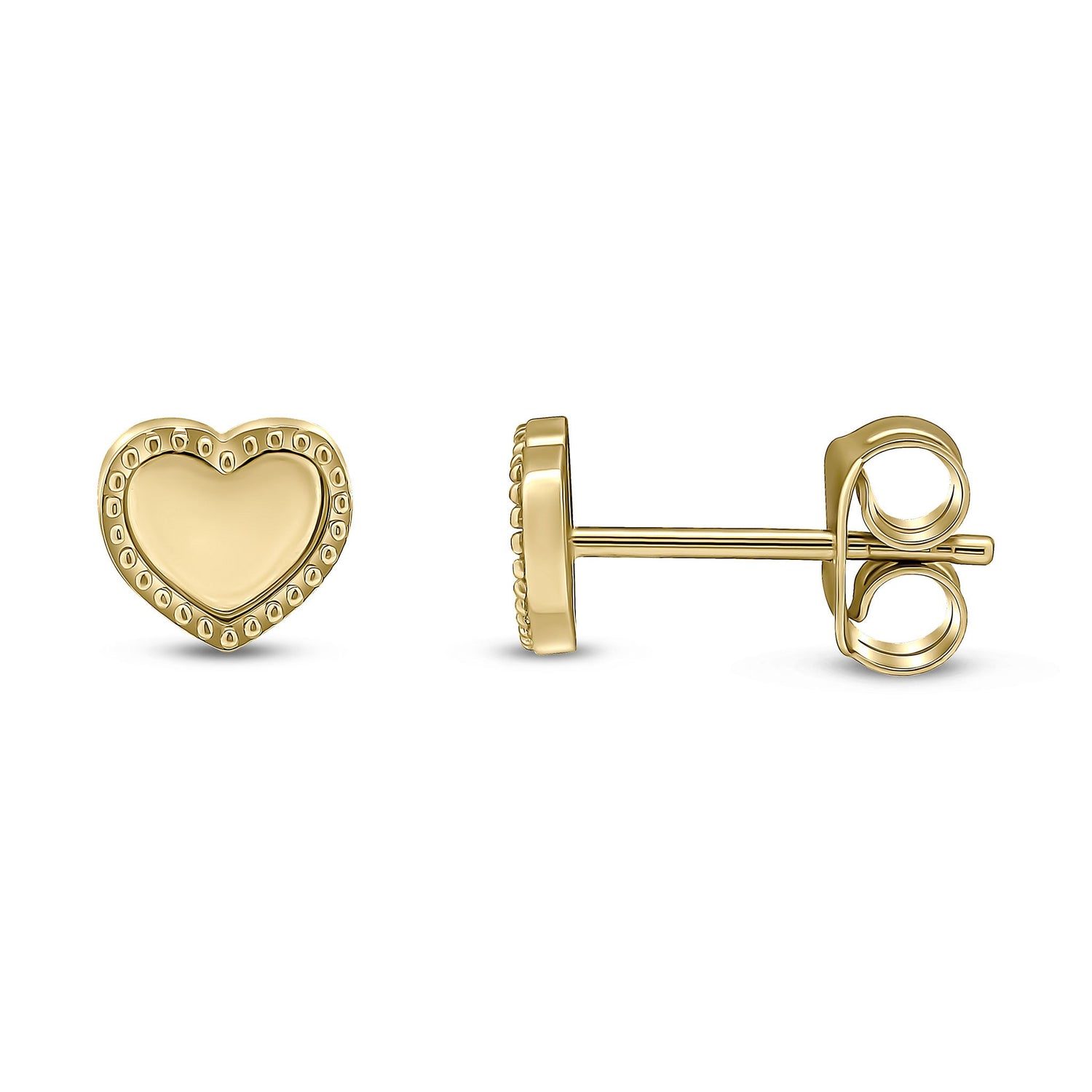 9ct Yellow Gold Beaded Edge Heart Stud Earrings -- 6.5mm