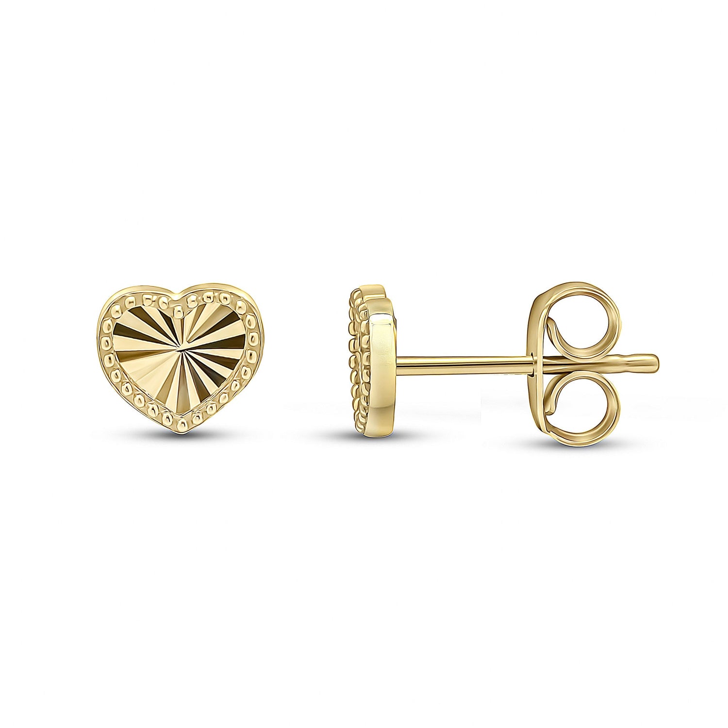 9ct Yellow Gold Diamond Cut Beaded Edge Heart Stud Earrings -- 6.5mm