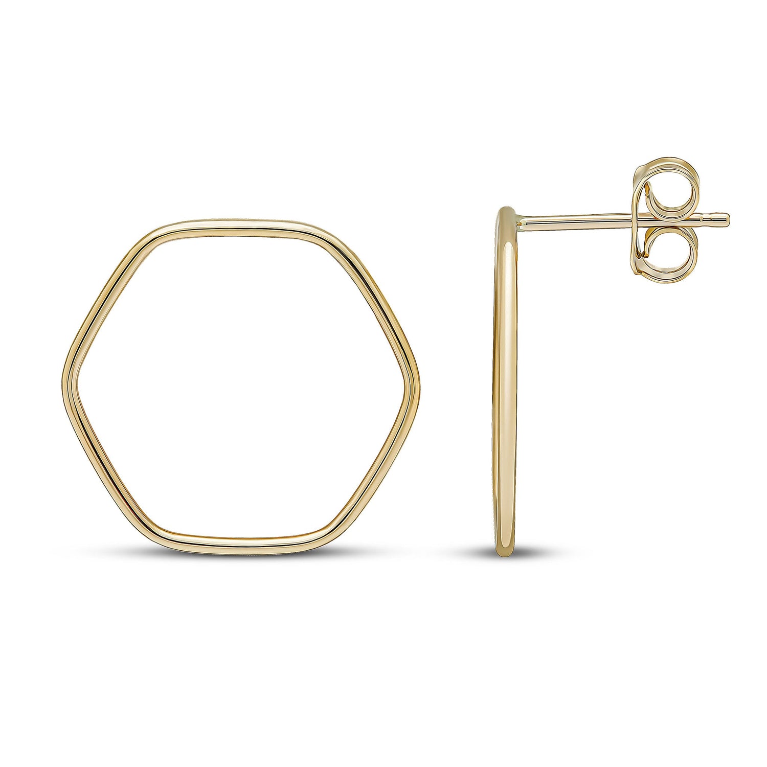 9ct Yellow Gold Open Hexagon Stud Earrings -- 19mm