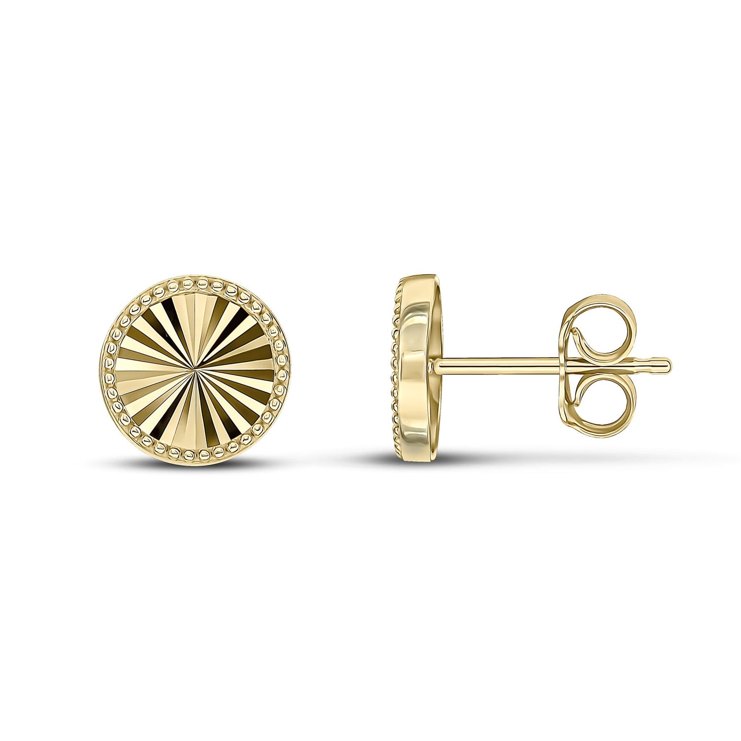9ct Yellow Gold Diamond Cut Beaded Edge Round Stud Earrings -- 9mm