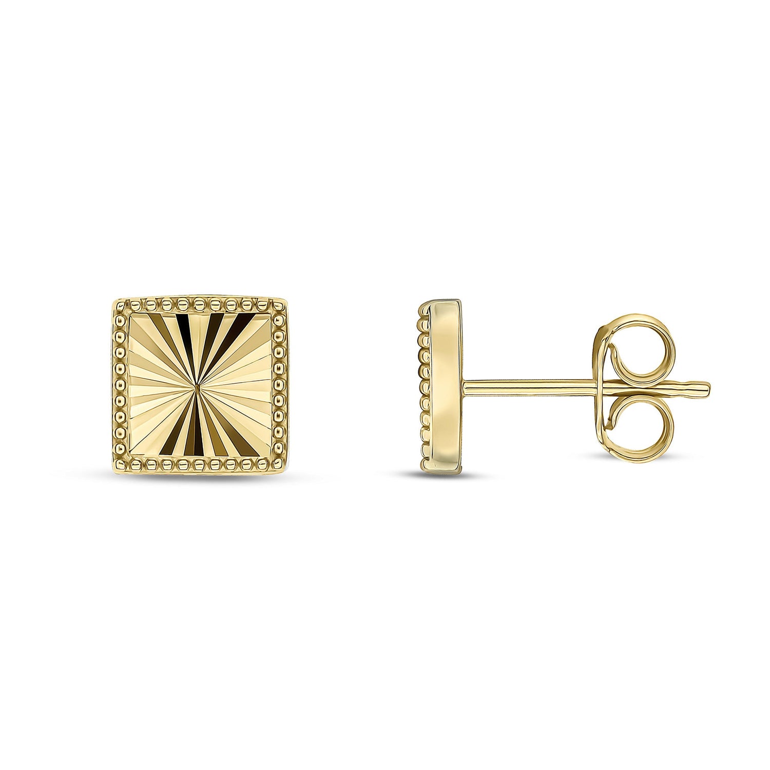 9ct Yellow Gold Diamond Cut Beaded Edge Square Stud Earrings -- 7.8mm