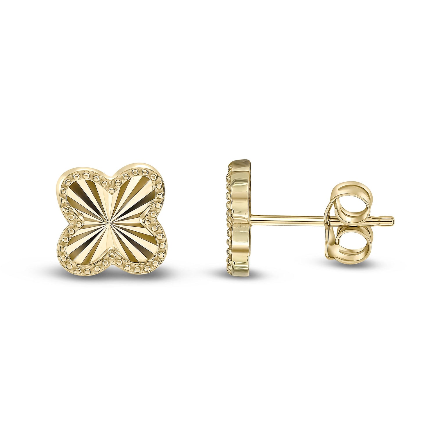 9ct Yellow Gold Diamond Cut Beaded Edge Clover Stud Earrings -- 8.2mm