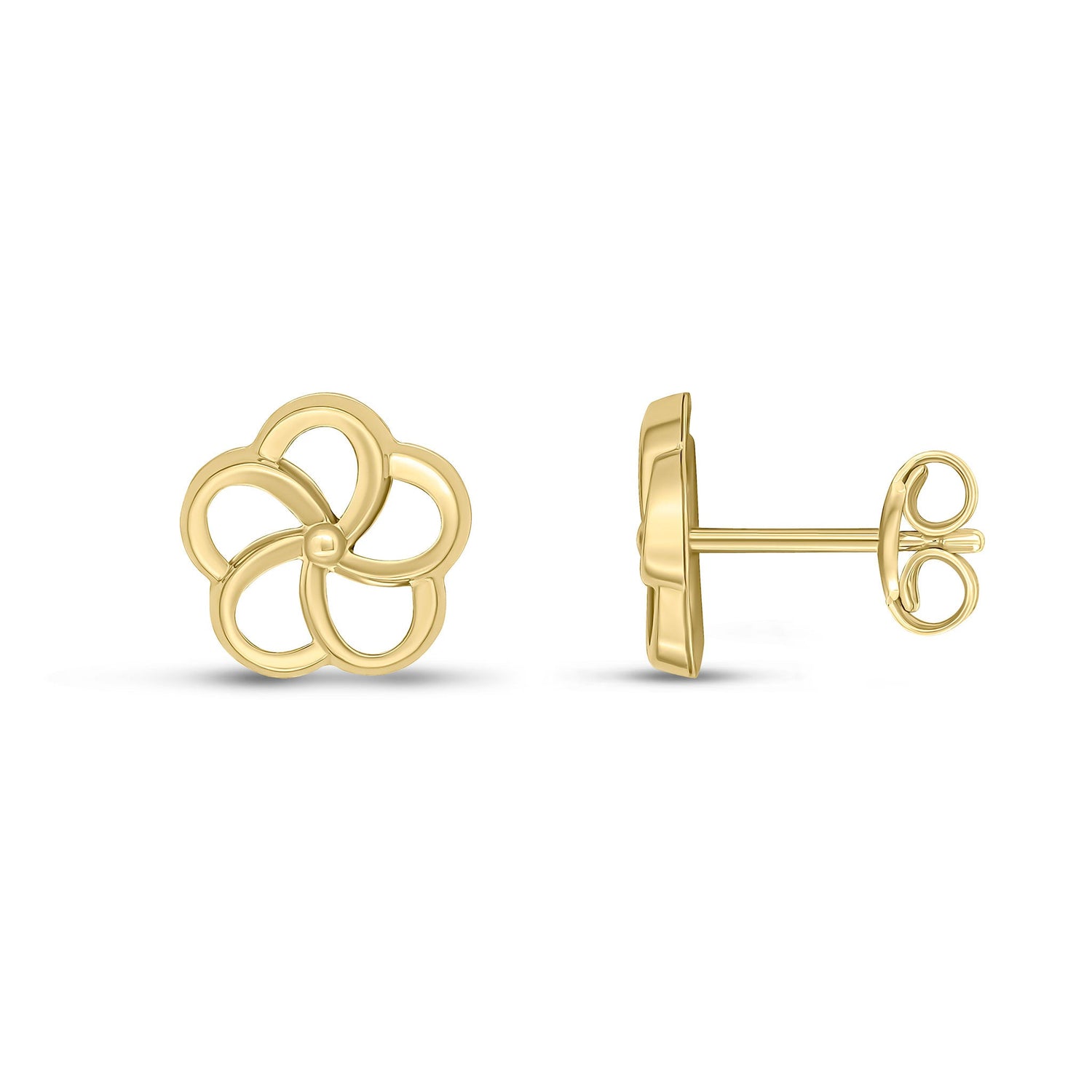 9ct Yellow Gold Polished Openwork Swirl Five Petal Flower Stud Earrings — 9mm