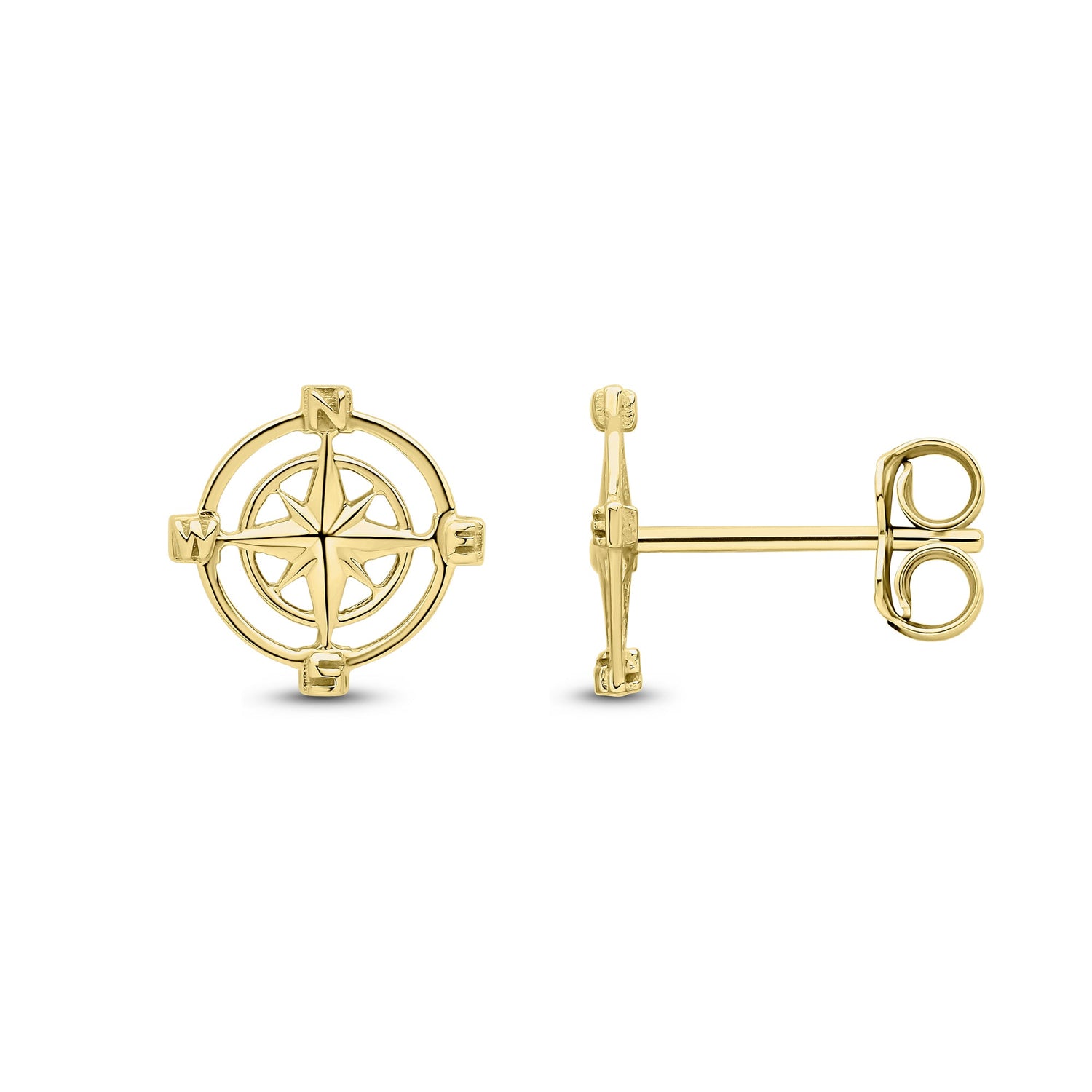 9ct Yellow Gold Polished Openwork Compass Rose Directional Stud Earrings — 8mm