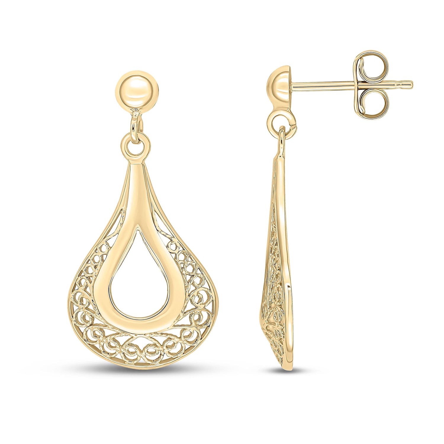 9ct Yellow Gold Teardrop Filigree Drop Earrings - 28mm