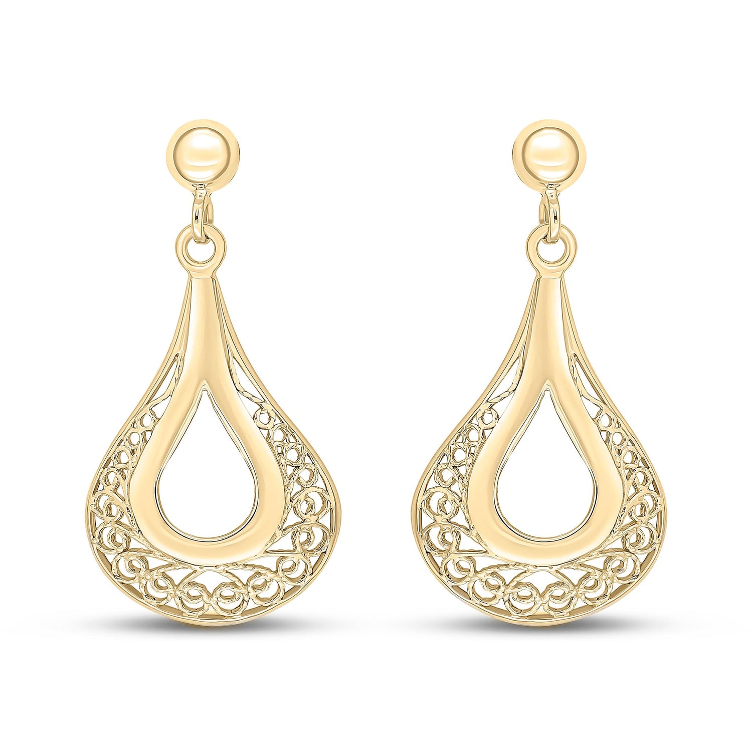 9ct Yellow Gold Teardrop Filigree Drop Earrings - 28mm