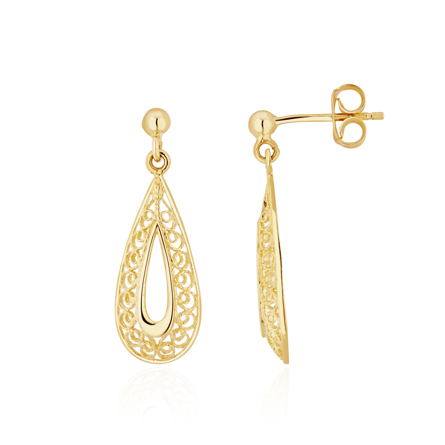 9ct Yellow Gold Filigree Open Pear Shaped Drop Earrings with 3mm Ball Top