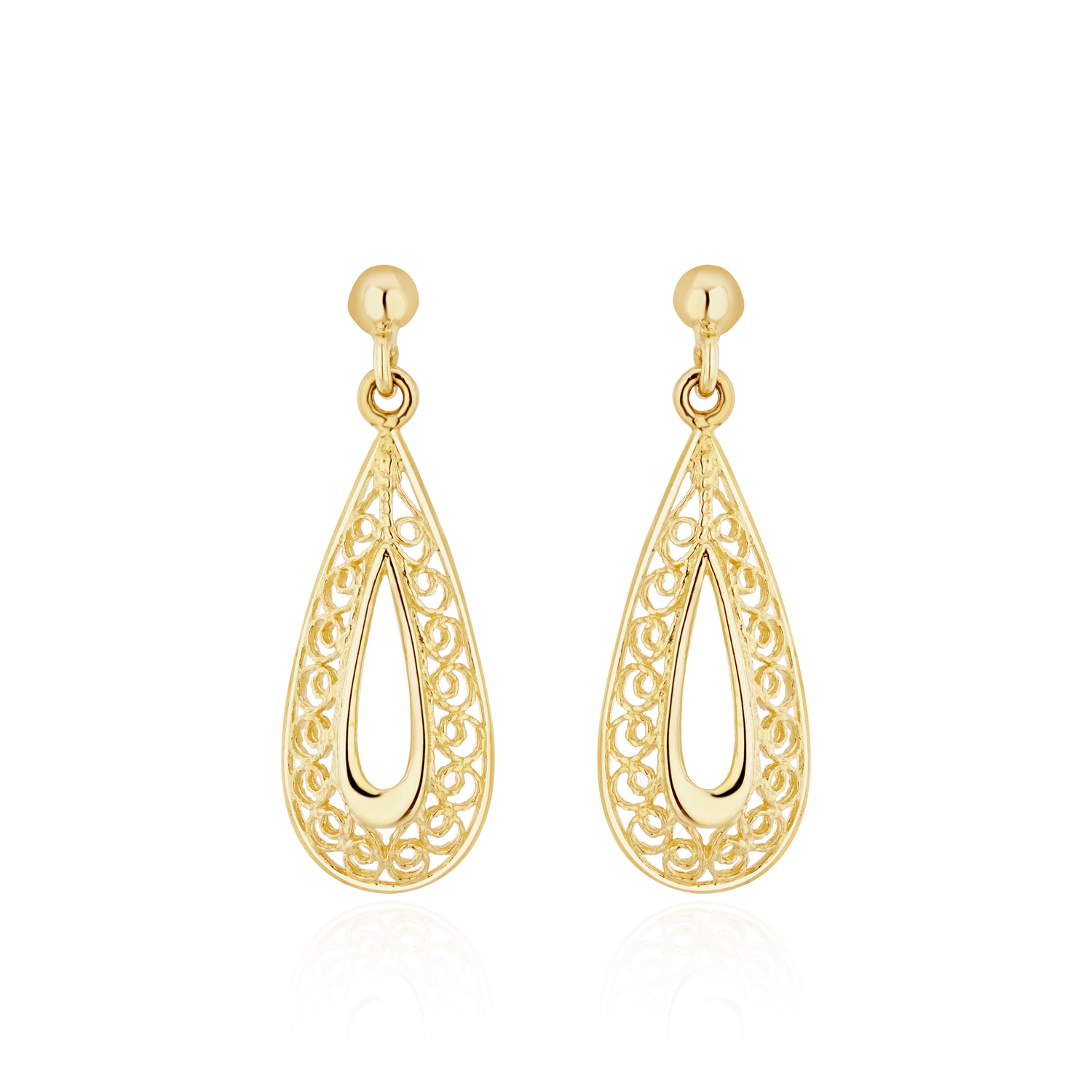 9ct Yellow Gold Filigree Open Pear Shaped Drop Earrings with 3mm Ball Top