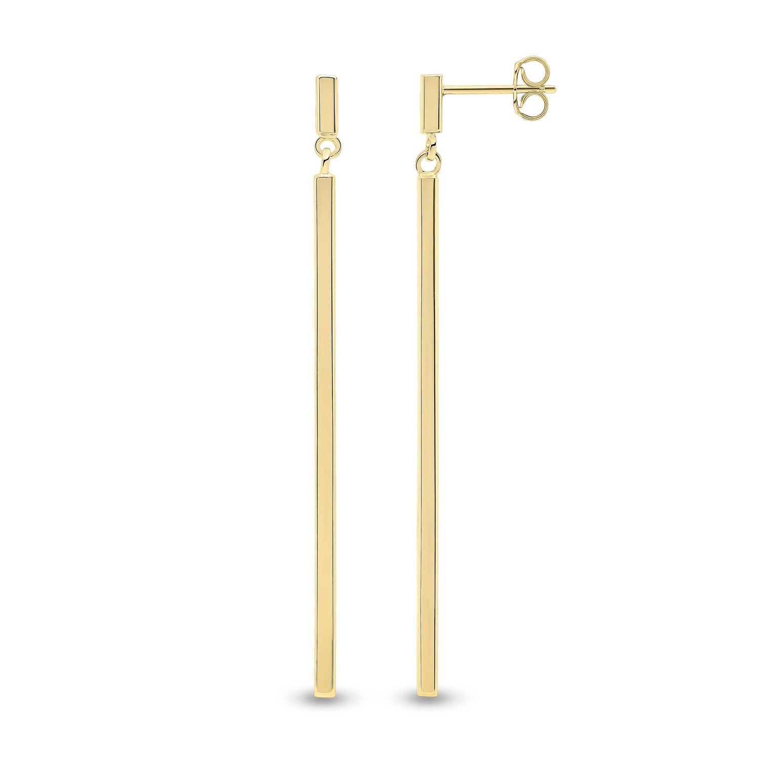9ct Yellow Gold Polished Square Tube Bar Drop Earrings — 62mm
