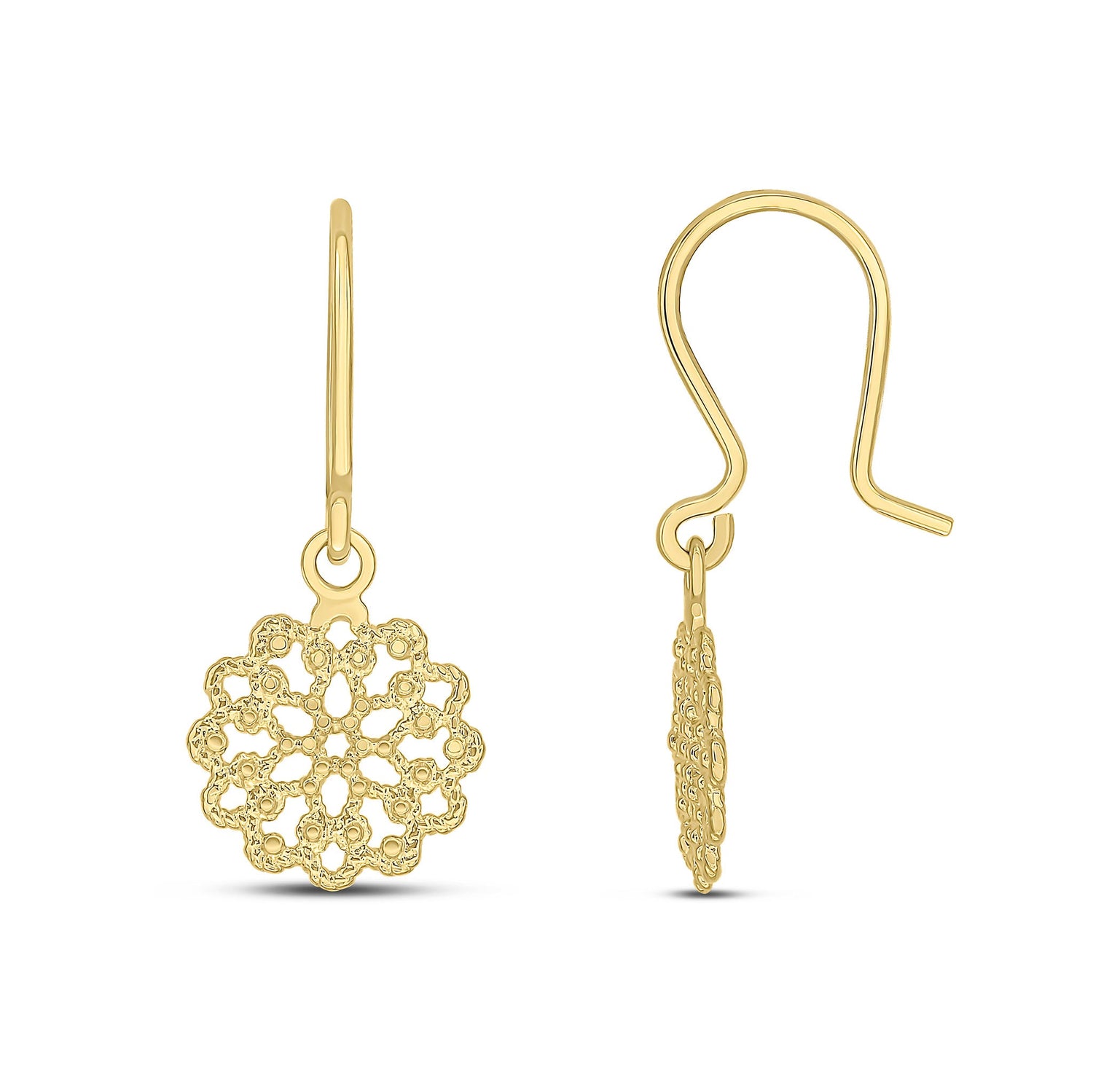 9ct Yellow Gold Round Flower Filigree Drop Earrings - 25x10mm