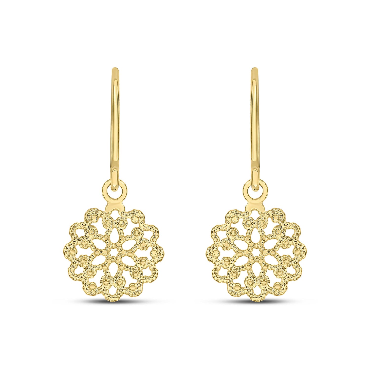 9ct Yellow Gold Round Flower Filigree Drop Earrings - 25x10mm