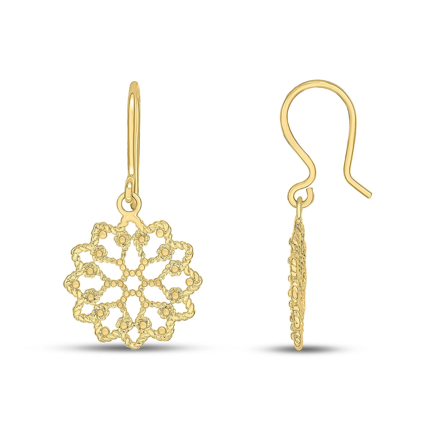 9ct Yellow Gold Round Flower Filigree Drop Earrings - 28x15mm
