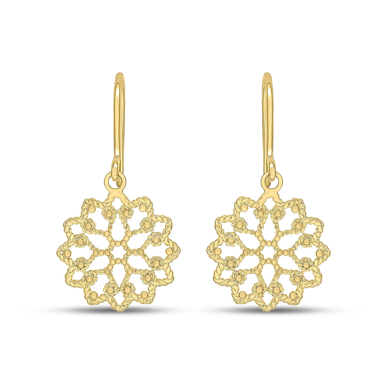 9ct Yellow Gold Round Flower Filigree Drop Earrings - 28x15mm