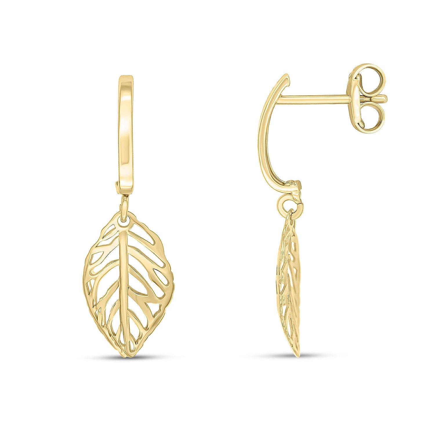 9ct Yellow Gold Curved Bar and Openwork Leaf Drop Earrings - 24mm