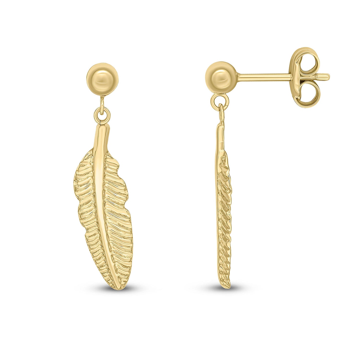 9ct Yellow Gold Feather Drop Earrings — 25mm