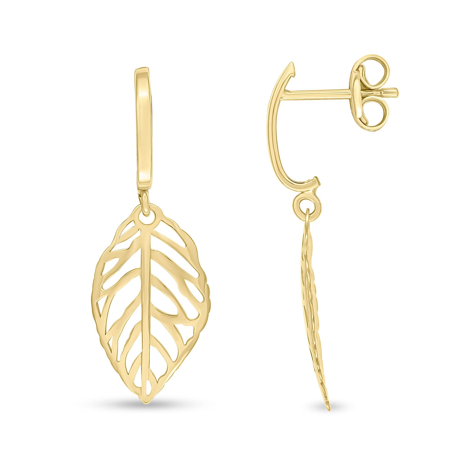 9ct Yellow Gold Curved Bar and Openwork Leaf Drop Earrings - 27mm