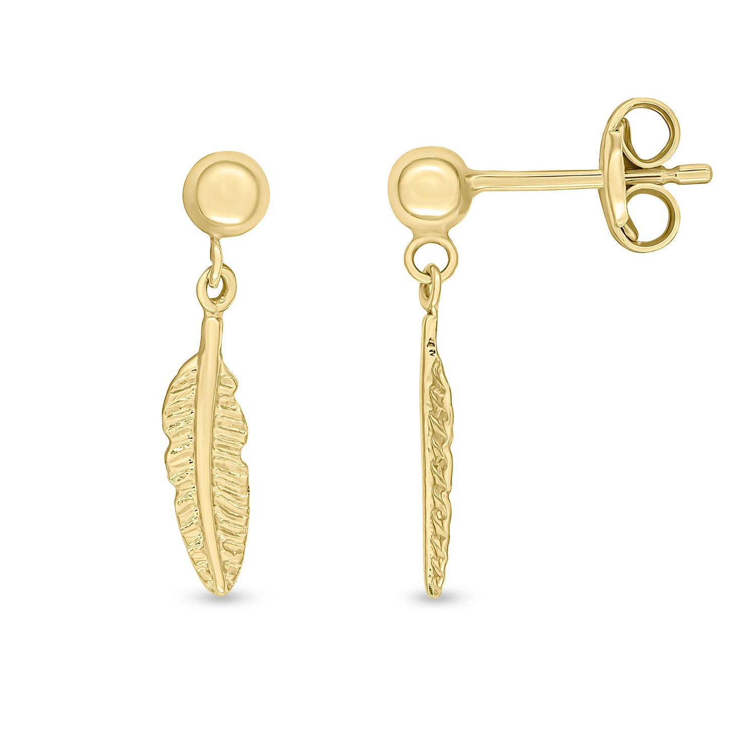 9ct Yellow Gold Feather Drop Earrings with Ball Stud Top - 17mm
