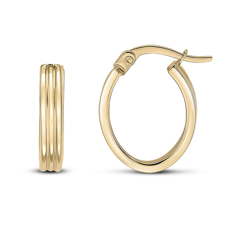 9ct Yellow Gold Ribbed Oval Hoop Earrings — 16x14mm