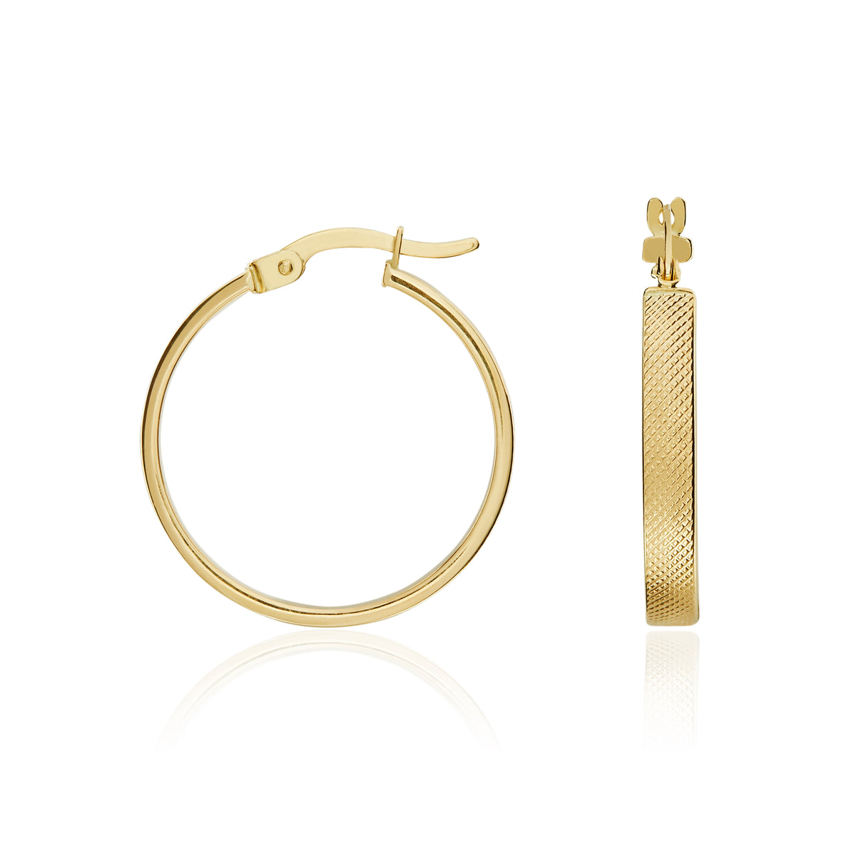 9ct Yellow Gold Stippled Flat Tube Round Hoop Earrings — 18mm