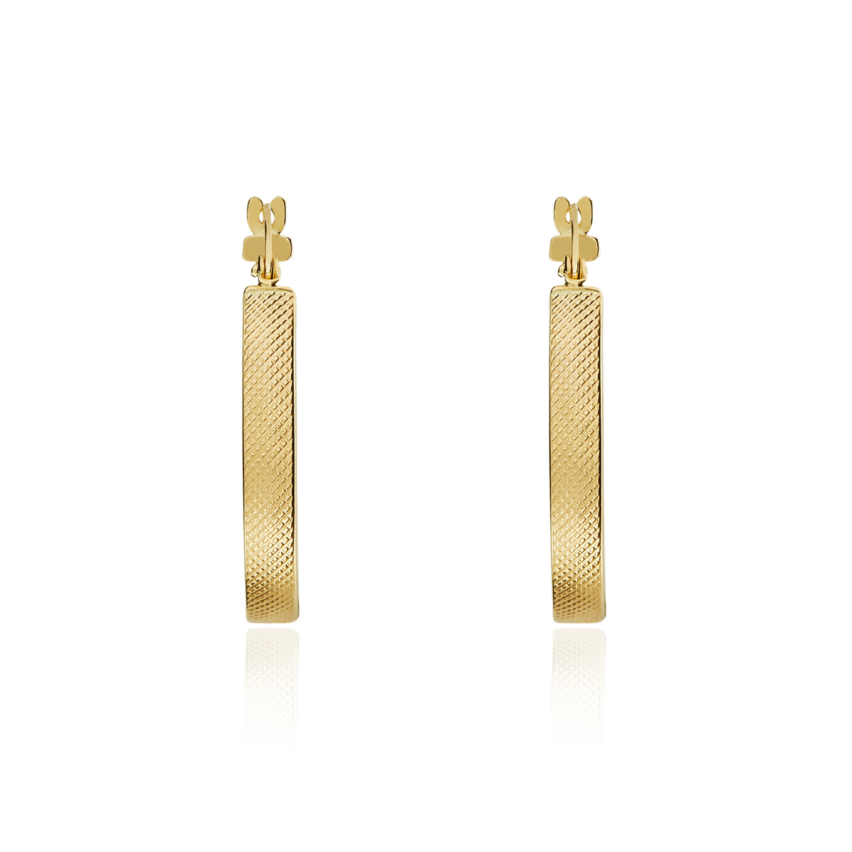9ct Yellow Gold Stippled Flat Tube Round Hoop Earrings — 18mm