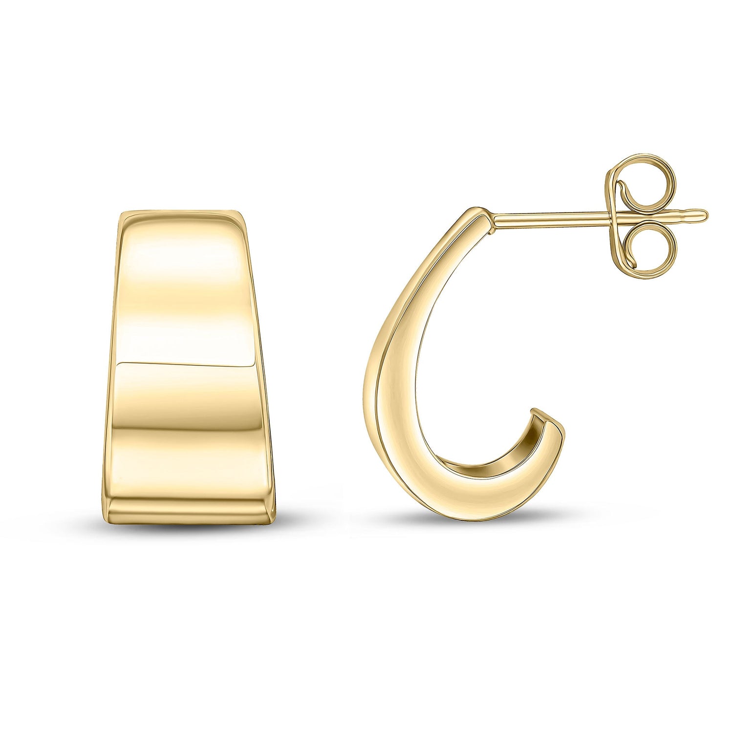 9ct Yellow Gold Flat Tapered Half Hoop Earrings with Peg and Scroll Fittings -- 16x8.5mm