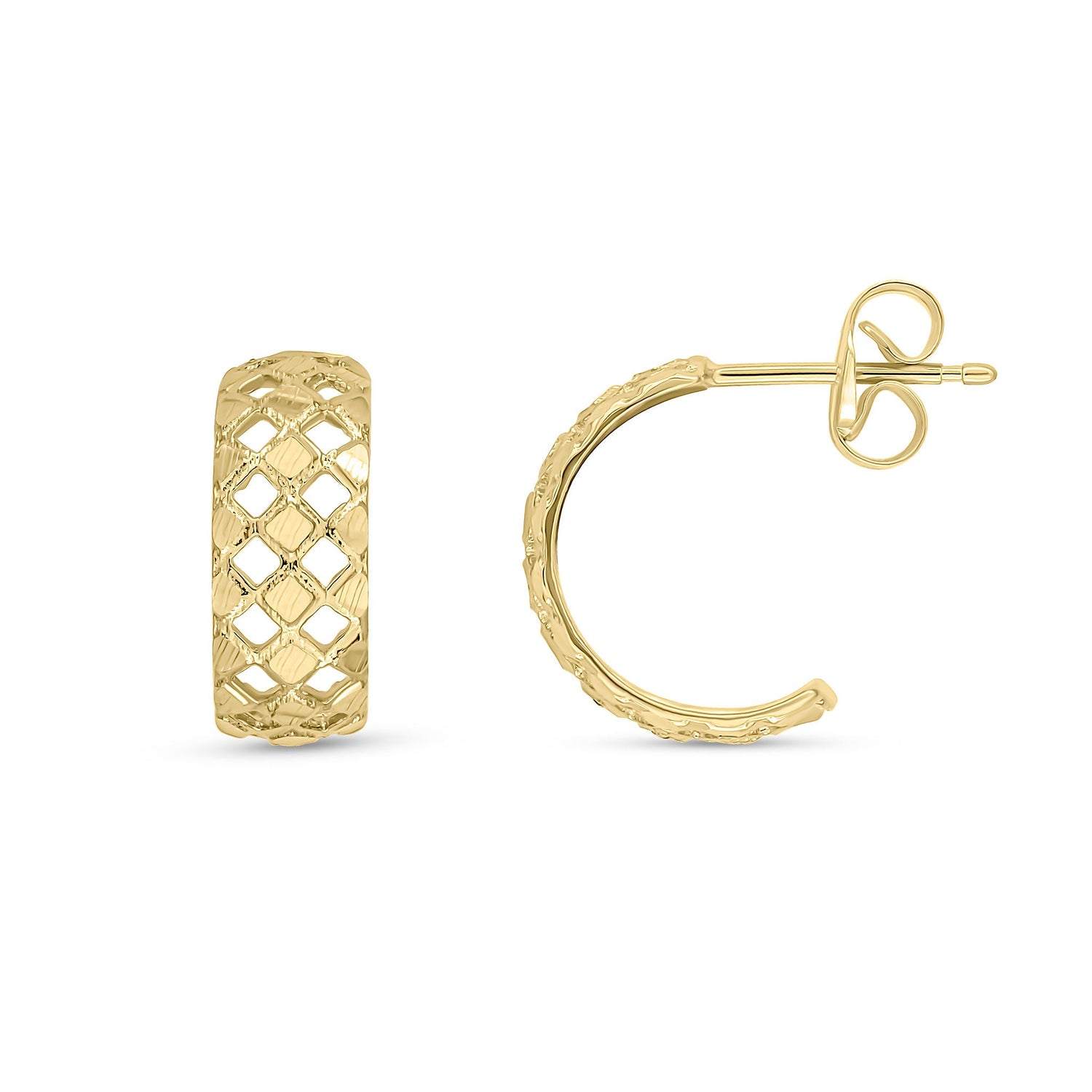 9ct Yellow Gold Pierced Out Half Hoop Earrings with Peg and Scroll Fittings -- 12x4.5mm