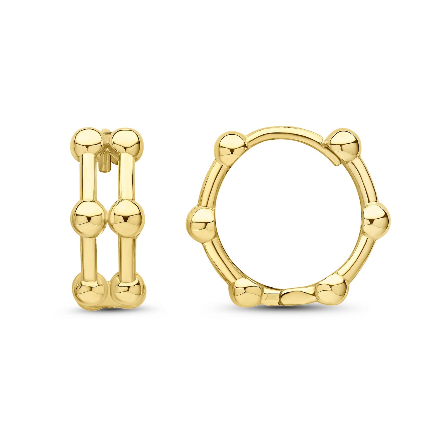 9CT Yellow Gold Two Row Bar & Ball Huggy Hoop Earrings 14mm