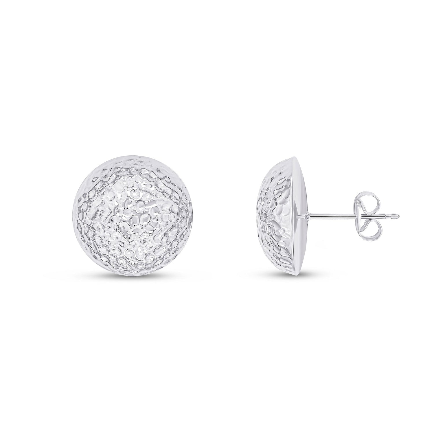 9ct White Gold Hammered Half Dome Stud Earrings - 14mm