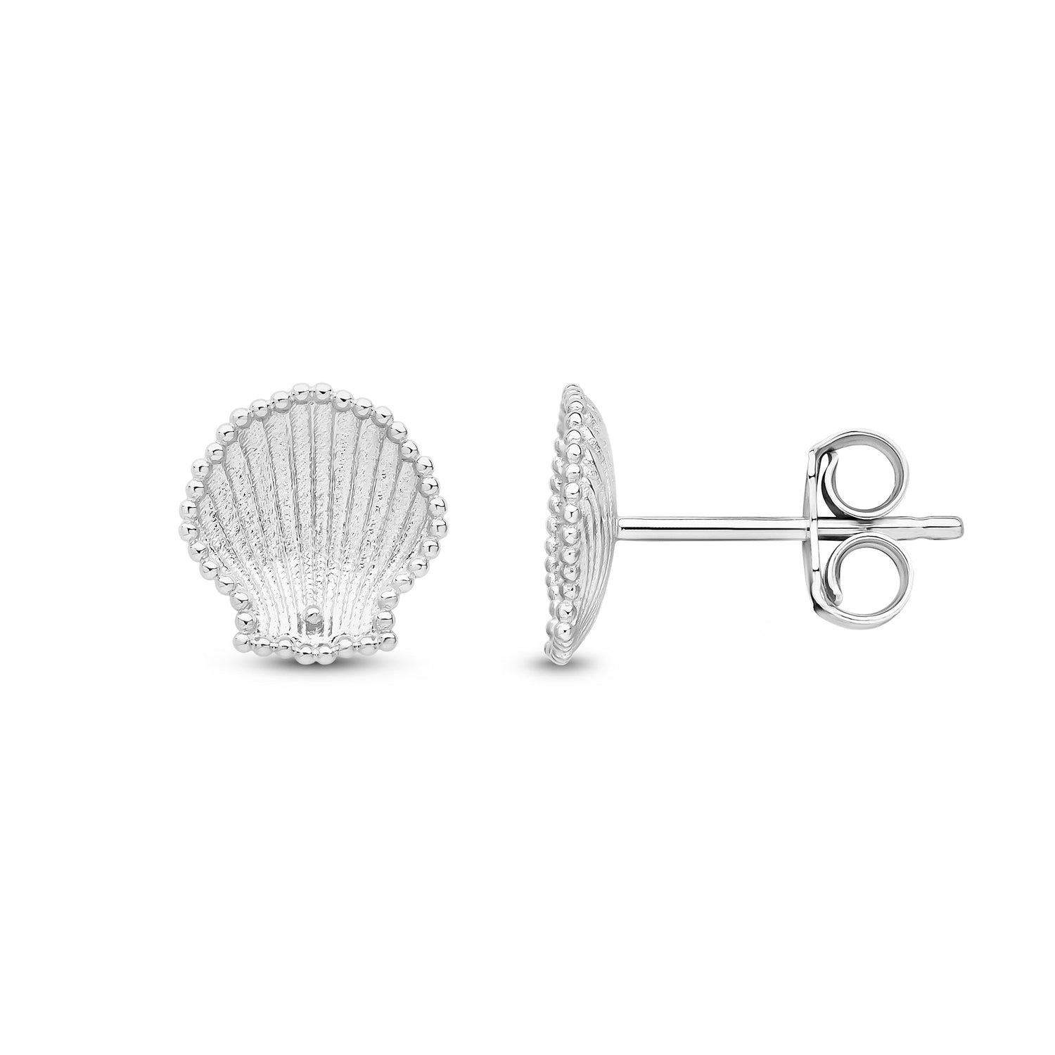 9ct White Gold Satin Textured Scallop Shell Stud Earrings with Polished Beaded Edge — 9mm