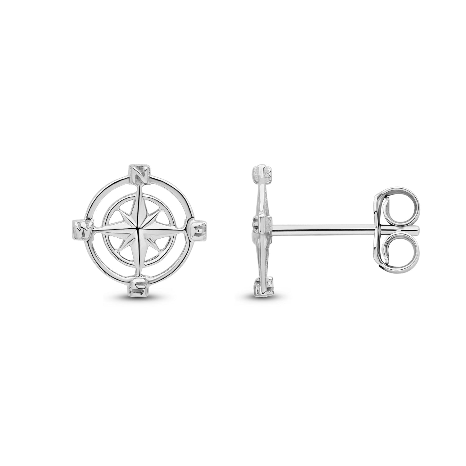 9ct White Gold Polished Openwork Compass Rose Directional Stud Earrings — 8mm