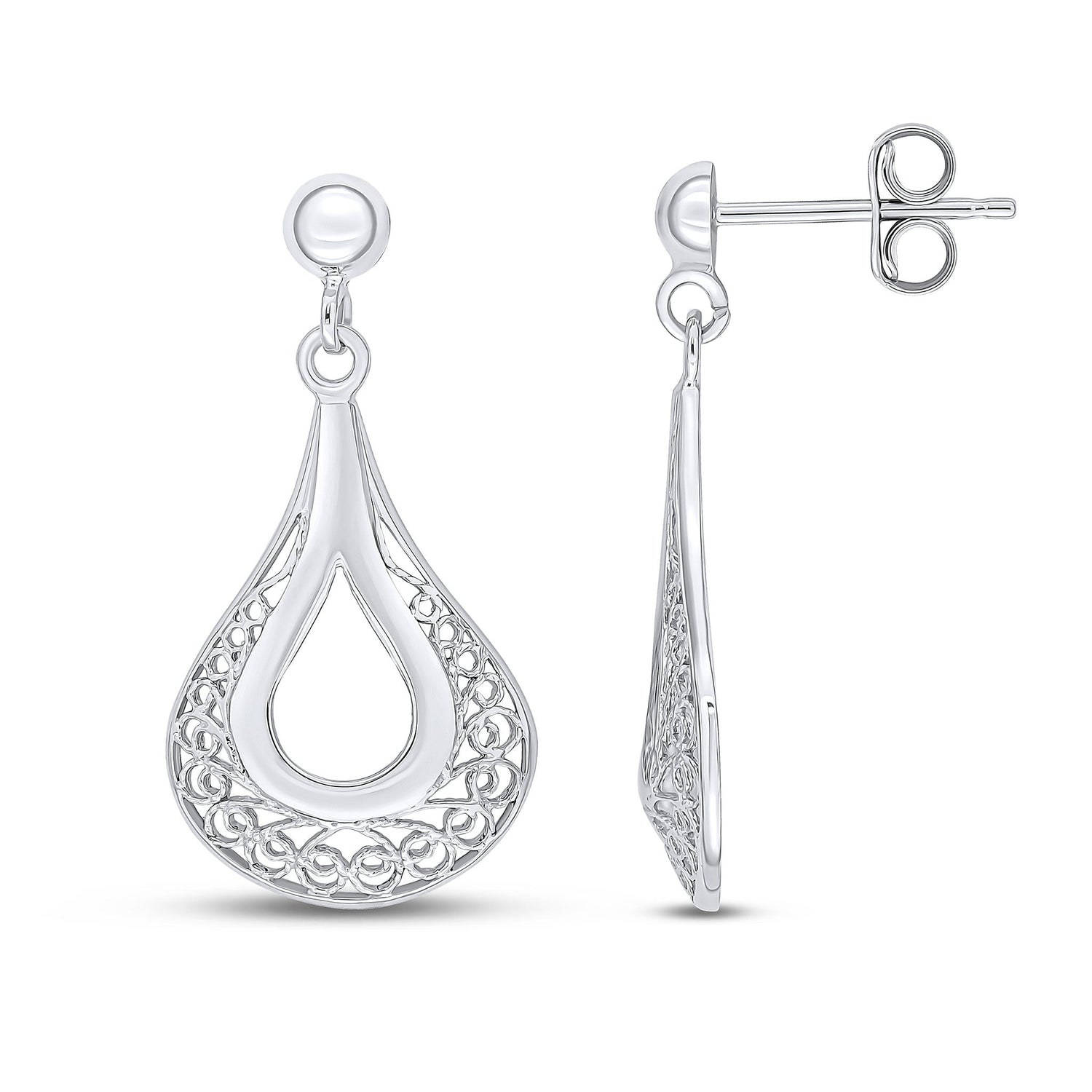 9ct White Gold Teardrop Filigree Drop Earrings - 28mm