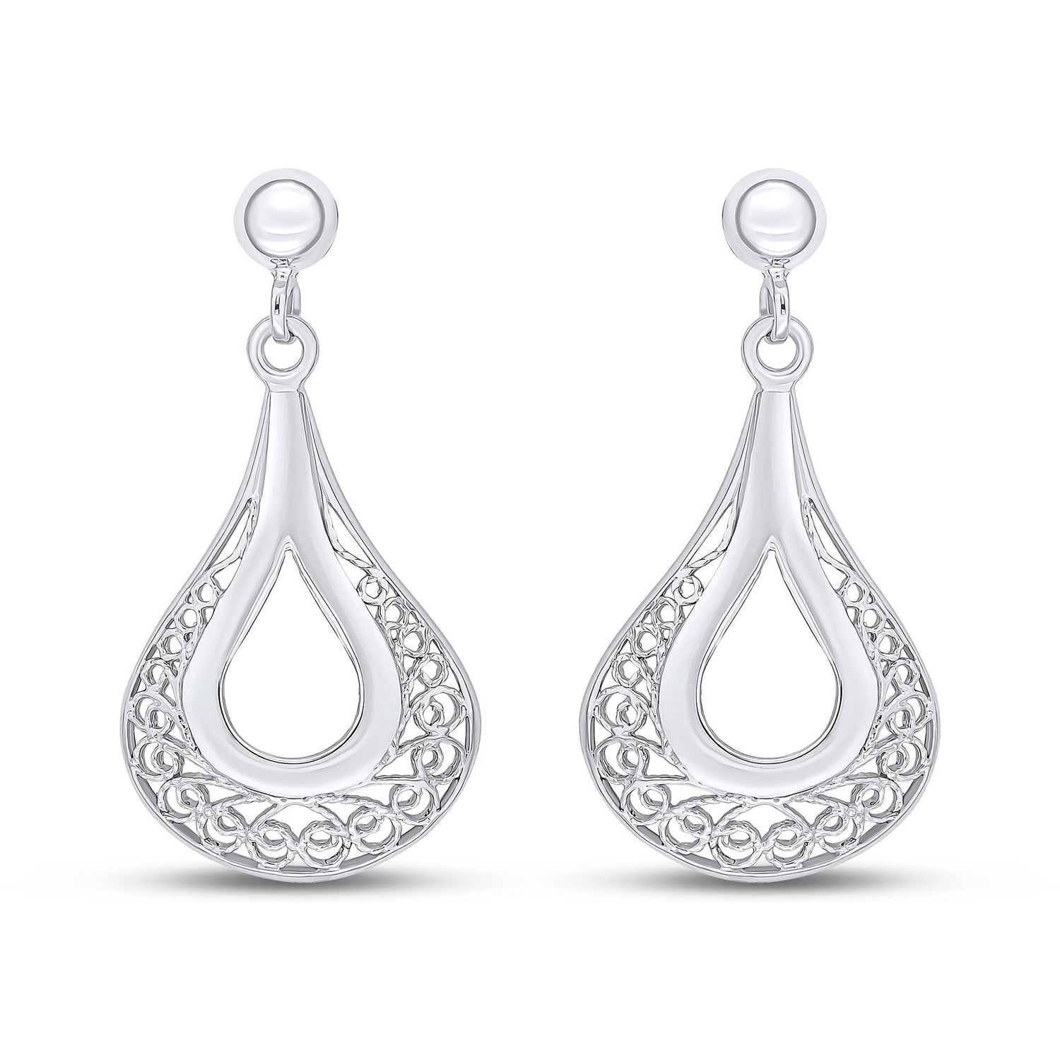 9ct White Gold Teardrop Filigree Drop Earrings - 28mm
