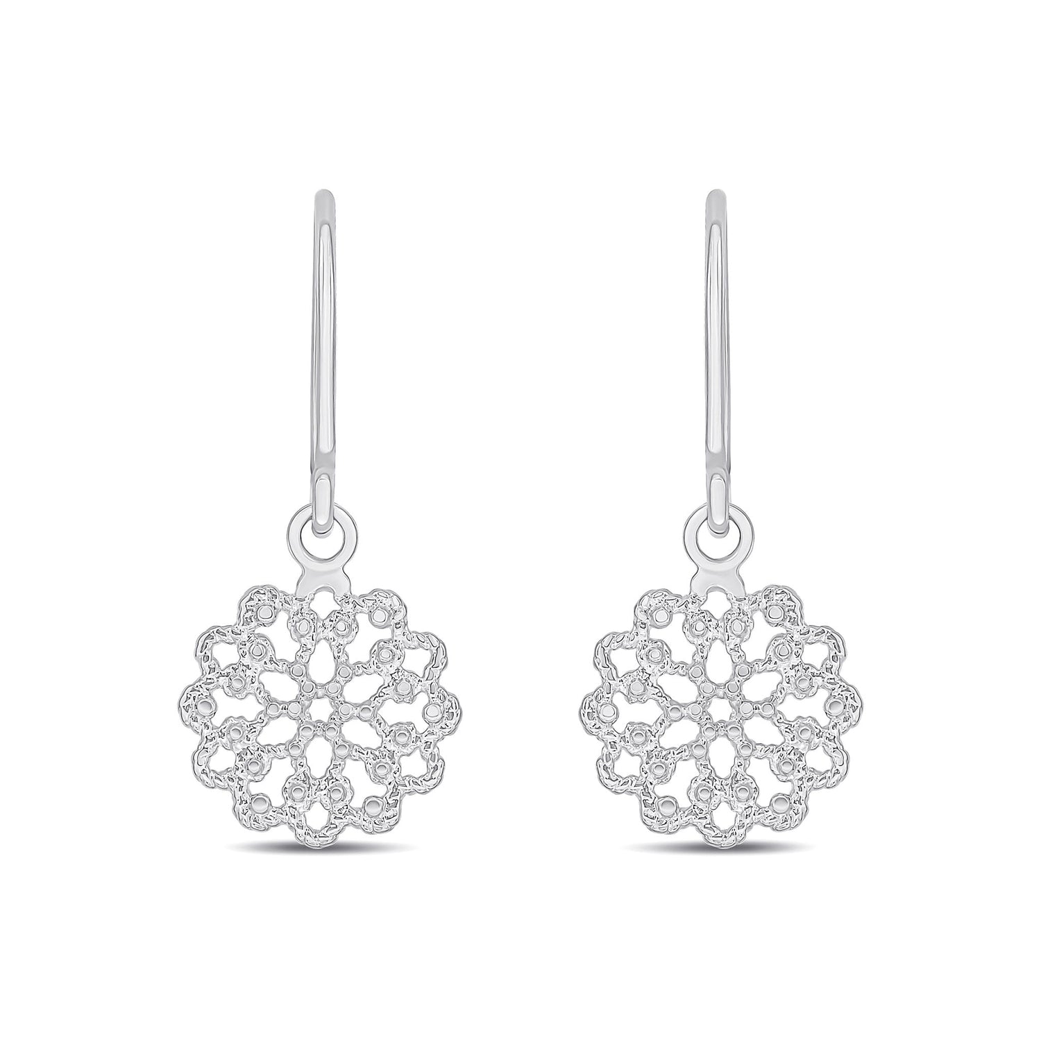 9ct White Gold Round Flower Filigree Drop Earrings - 25x10mm