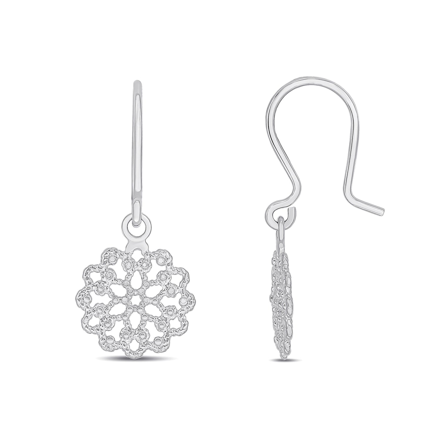 9ct White Gold Round Flower Filigree Drop Earrings - 25x10mm