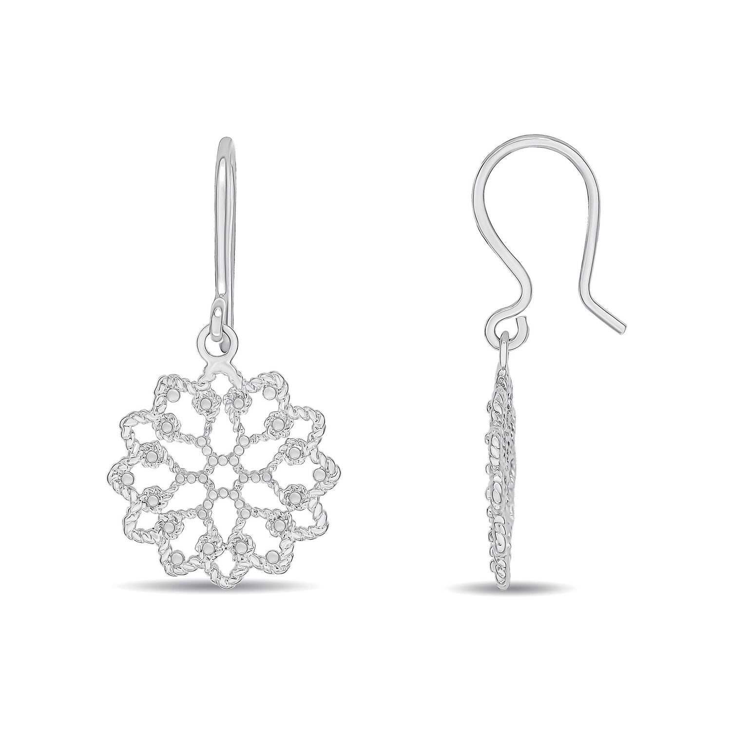 9ct White Gold Round Flower Filigree Drop Earrings - 28x15mm
