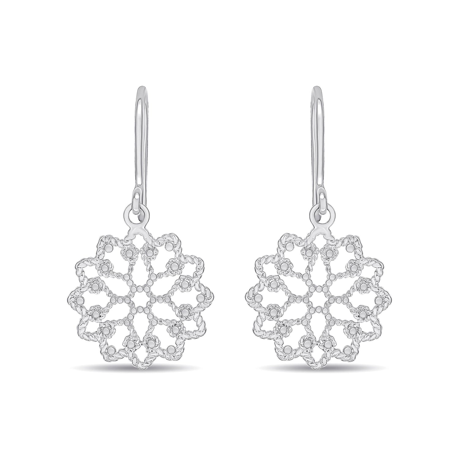 9ct White Gold Round Flower Filigree Drop Earrings - 28x15mm