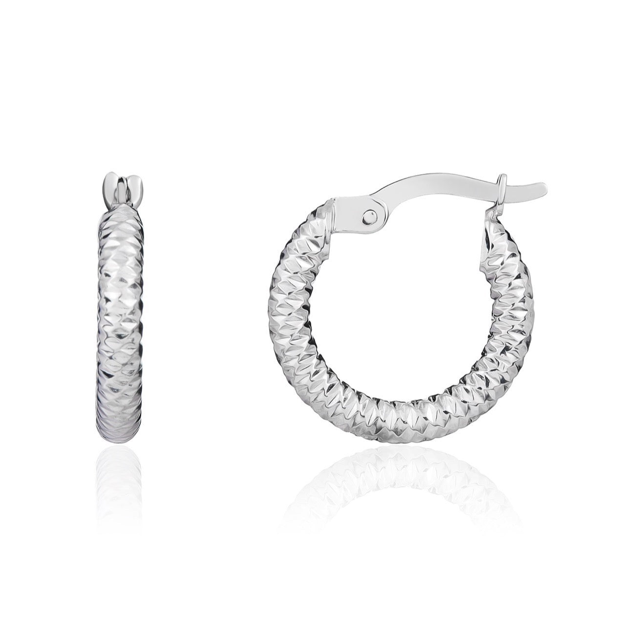 9ct White Gold Diamond Cut Small Hoop Earrings — 15x2.5mm