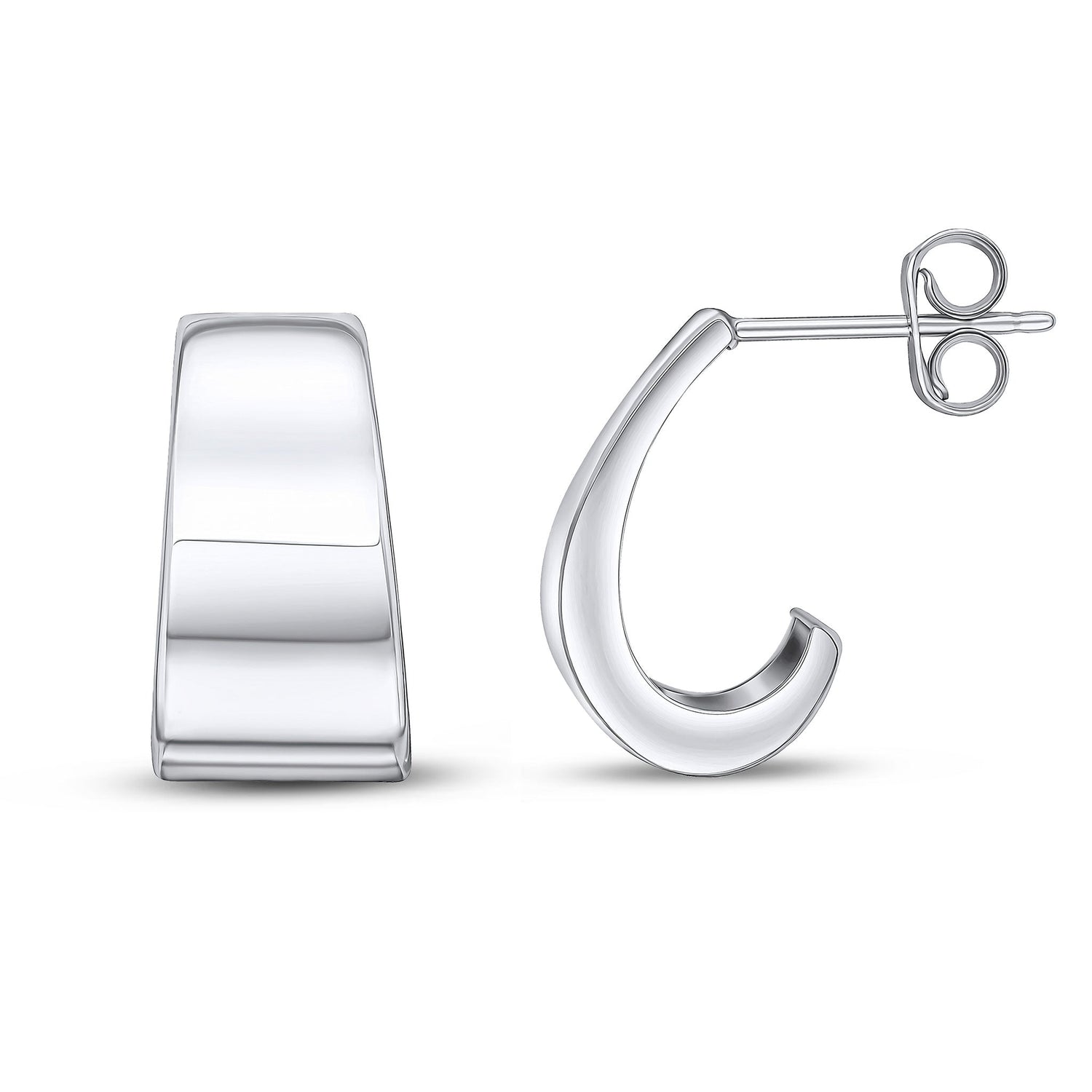 9ct White Gold Flat Tapered Half Hoop Earrings with Peg & Scroll Fittings -- 16x8.5mm