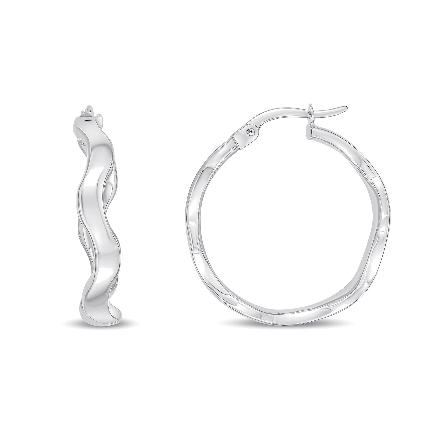 9ct White Gold Wavy Round Hoop Earrings — 23mm