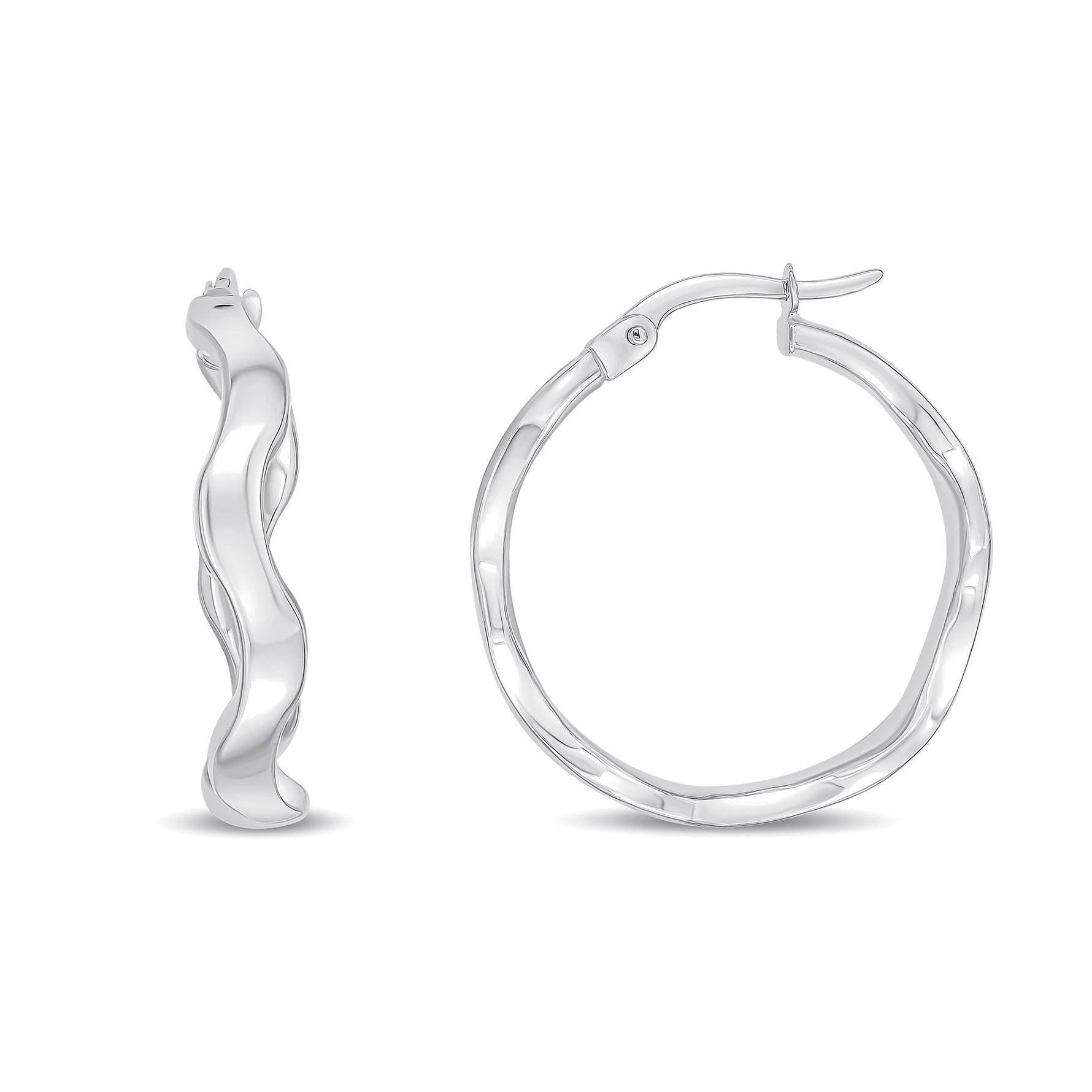 9ct White Gold Wavy Round Hoop Earrings — 23mm