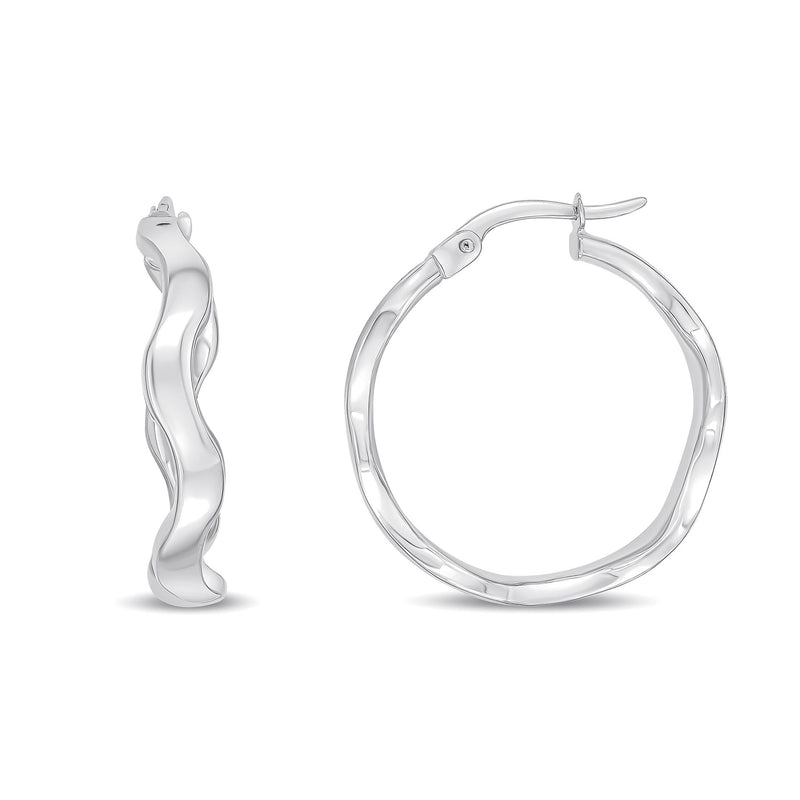 9ct White Gold Wavy Round Hoop Earrings — 23mm